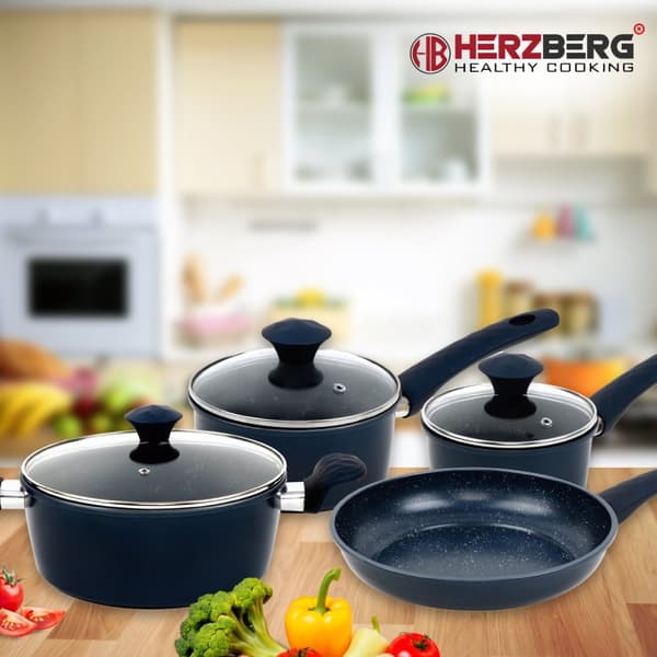 Herzberg HG-04685BLU: 7 deler marmorbelagt støpejern kokekarsett - blå