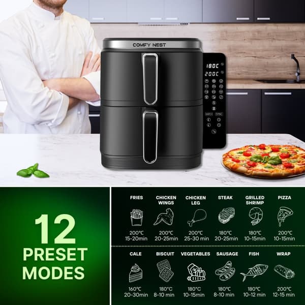Comfy Nest CN-06177: 2800W dobbeltkurv Air Fryer med digitalt sammenfoldelig sidepanel - 11L