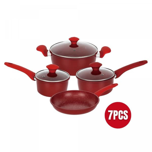 Herzberg HG-04715RED: 7 deler marmorbelagt kokekarsett i støpejern - rød