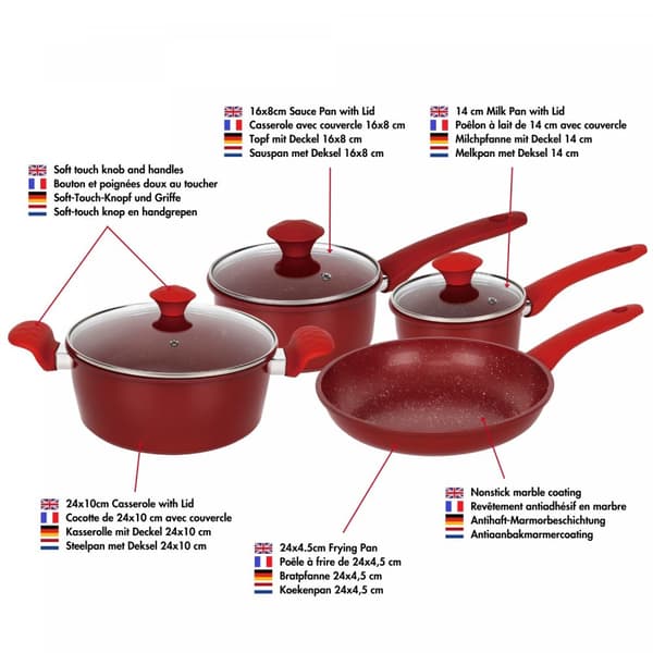 Herzberg HG-04715RED: 7 deler marmorbelagt kokekarsett i støpejern - rød