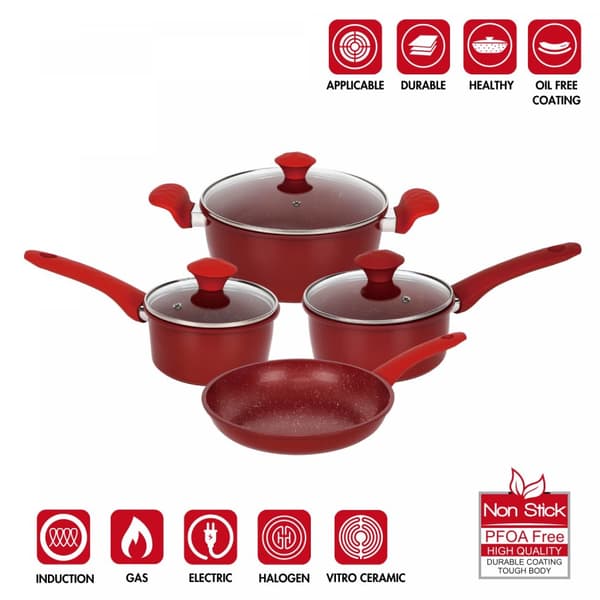 Herzberg HG-04715RED: 7 deler marmorbelagt kokekarsett i støpejern - rød