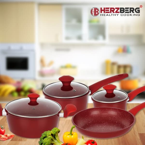 Herzberg HG-04715RED: 7 deler marmorbelagt kokekarsett i støpejern - rød
