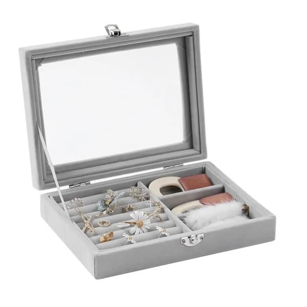 Herzberg HG-05330: Fløyelssmykkeholder med glasslokk, 3 gitter + 7 ringspor