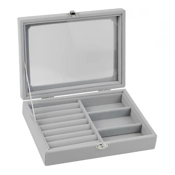 Herzberg HG-05330: Fløyelssmykkeholder med glasslokk, 3 gitter + 7 ringspor