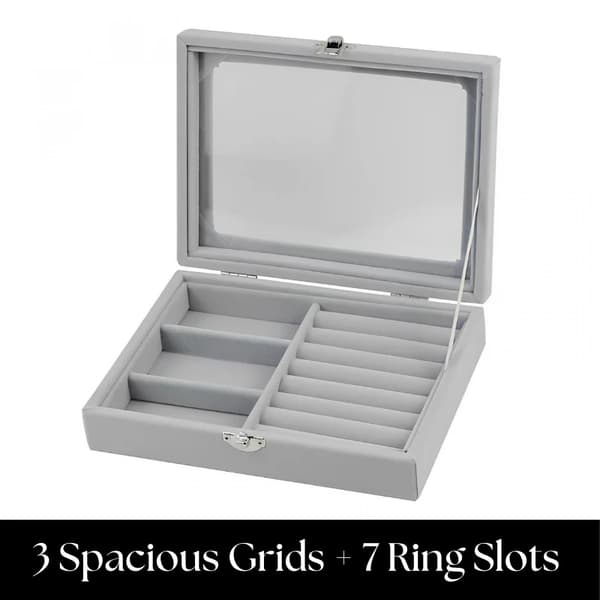 Herzberg HG-05330: Fløyelssmykkeholder med glasslokk, 3 gitter + 7 ringspor