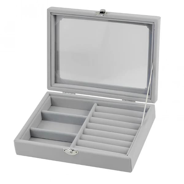 Herzberg HG-05330: Fløyelssmykkeholder med glasslokk, 3 gitter + 7 ringspor