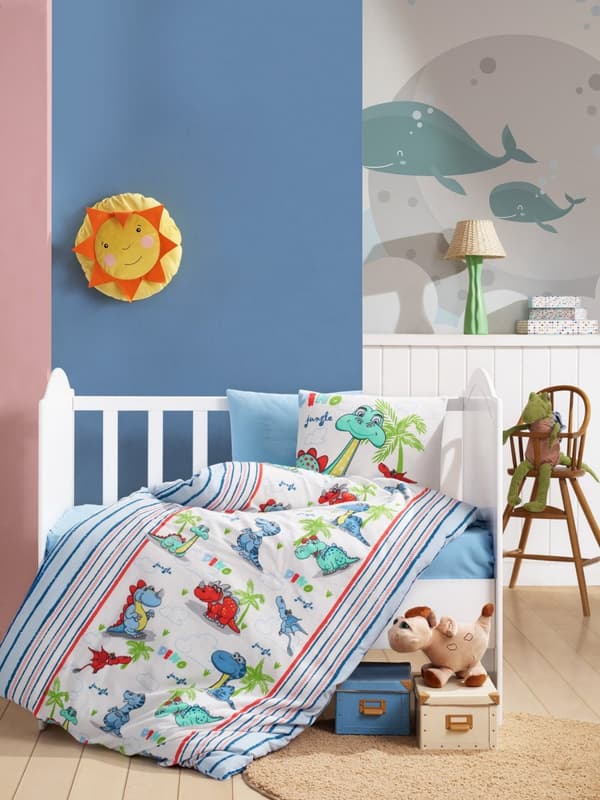 Ranforce Baby Quilt Cover Set Dino v2 - Blå