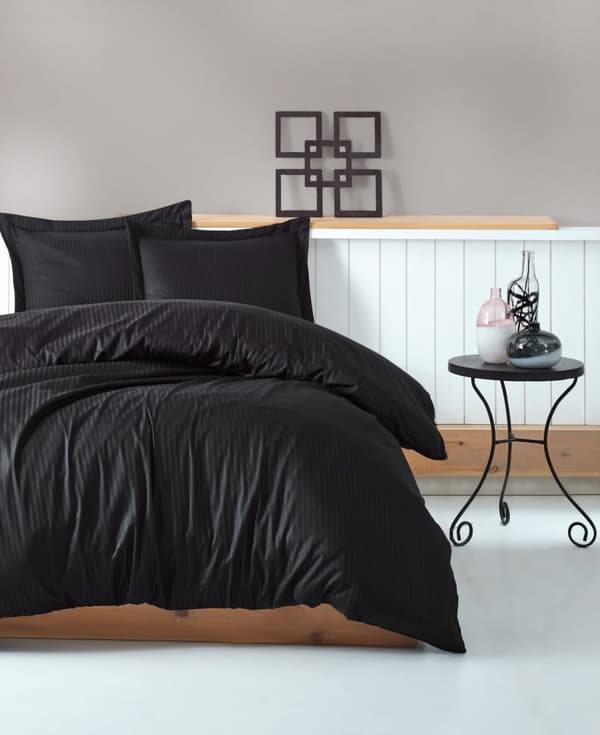 Satin Dobbel Dynetrekk Sett Stripe - Svart