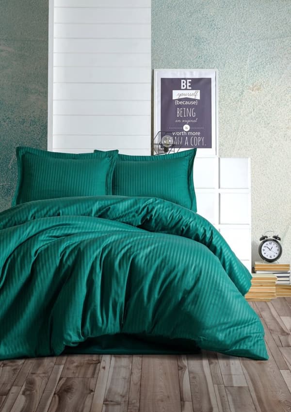 Satin Double Quilt Cover Set Stripe - Bensiininvihreä