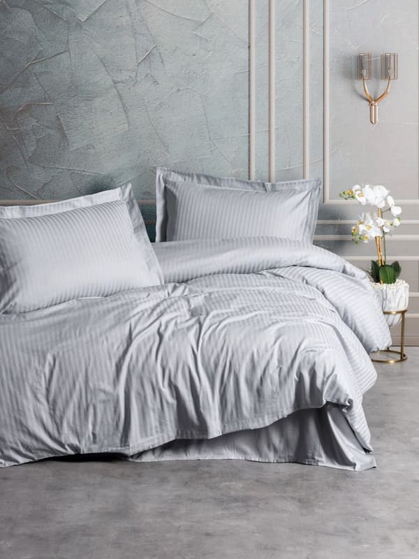 Satin Dobbel Dynetrekk Sett Stripe - Grå