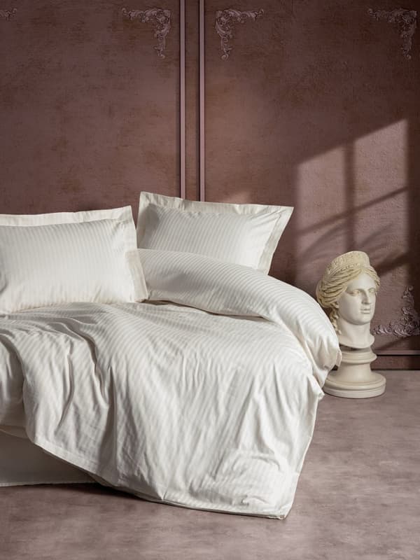 Satin Dobbel Dynetrekk Sett Stripe - Ecru