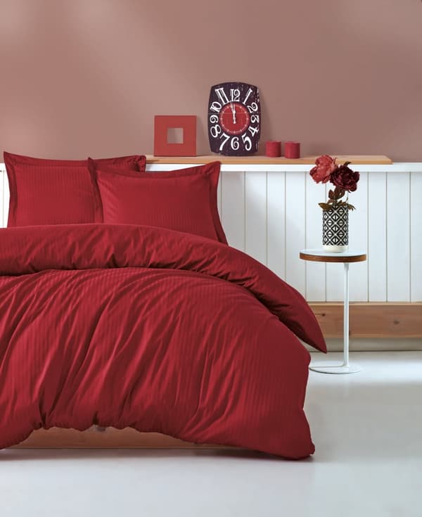 Satin Dobbel Quilt Cover Set Stripe - Claret Red
