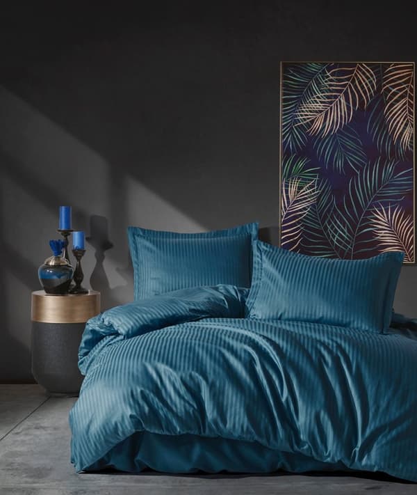 Satin Dobbel Dynetrekk Sett Stripe - Blå