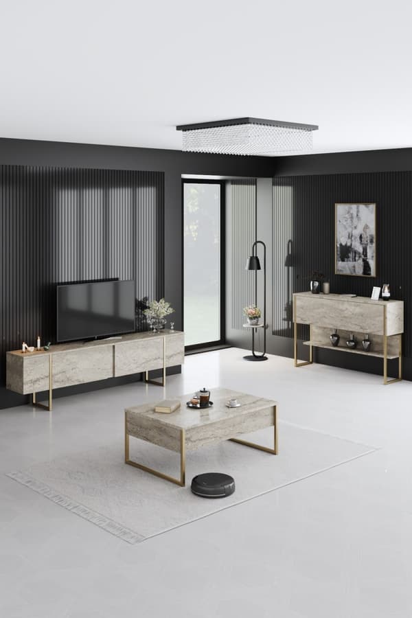 TV-bänk Luxe - travertin, guld