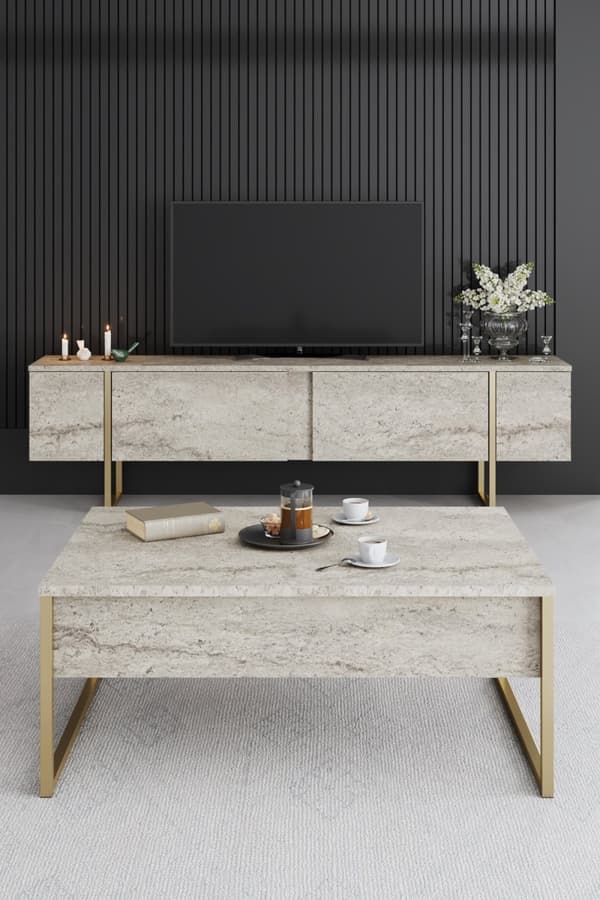 Sofabord Luxe - Travertin, Guld