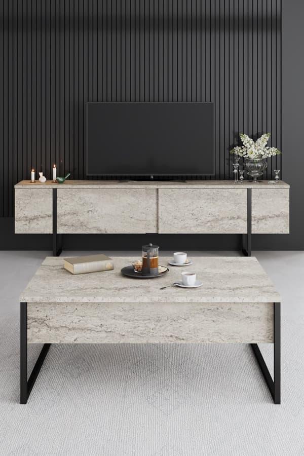 Sofabord Luxe - Travertin, Svart