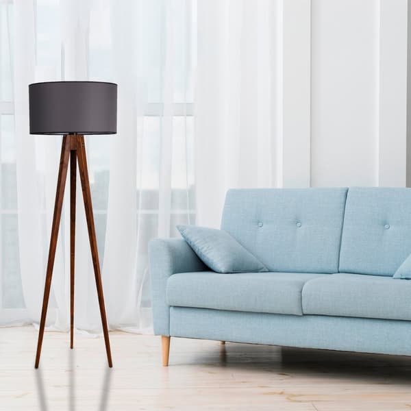 Gulvlampe Stativ Ceviz Lambader Silindir Koyu Gri Abajurlu