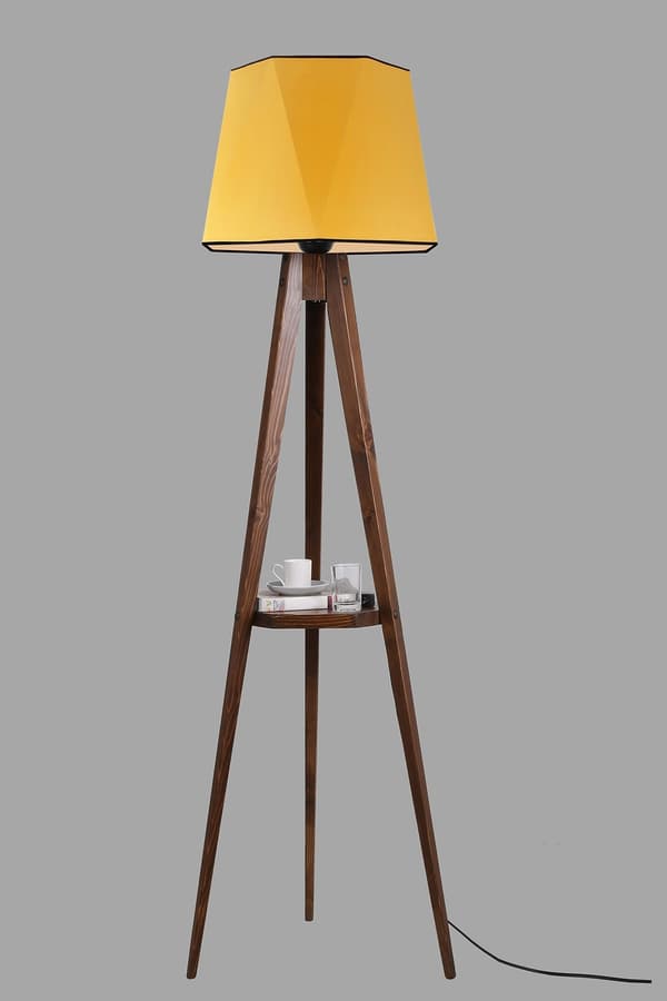 Gulvlampe Sehbalı Stativ Lambader Ceviz Altıgen Hardal Abajurlu