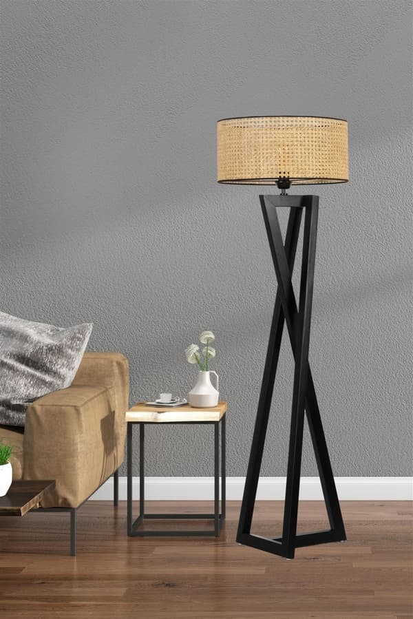 Gulvlampe Maçka Siyah Silindir Rattan Abajurlu Lambader