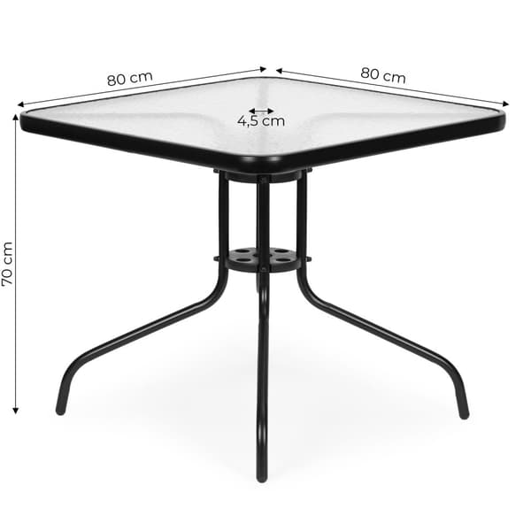 Havebord 80x80 cm, til terrasse, have, balkon, hærdet glas, paraplyhul, MultiGarden