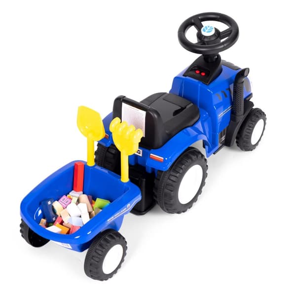 Ride-on traktor med trailer til børn, interaktivt rat, lyde, blå