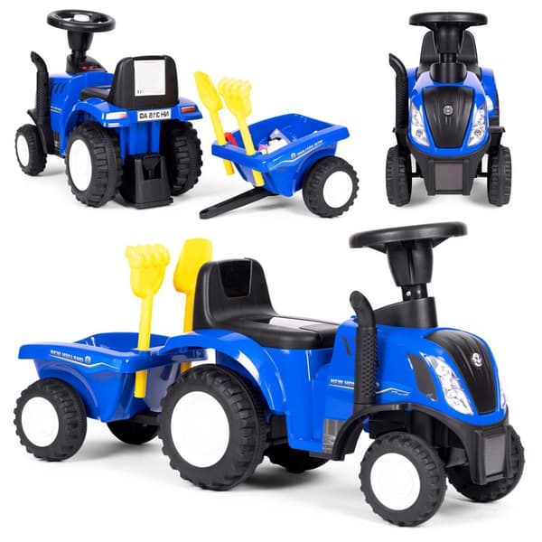 Ride-on traktor med trailer til børn, interaktivt rat, lyde, blå