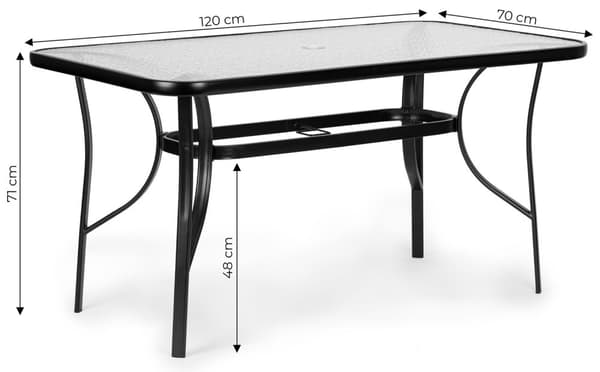 Haveglasbord 120x70 cm, til terrasse og have, hærdet glas, paraplyhul, MultiGarden
