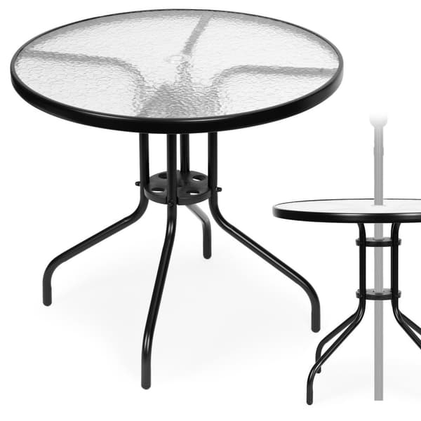 Rundt havebord 80 cm, til terrasse, have, balkon, hærdet glas, paraplyhul, MultiGarden