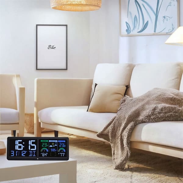 Baggrundsbelyst trådløs vejrstation med udendørs sensor, termometer, barometer, ur