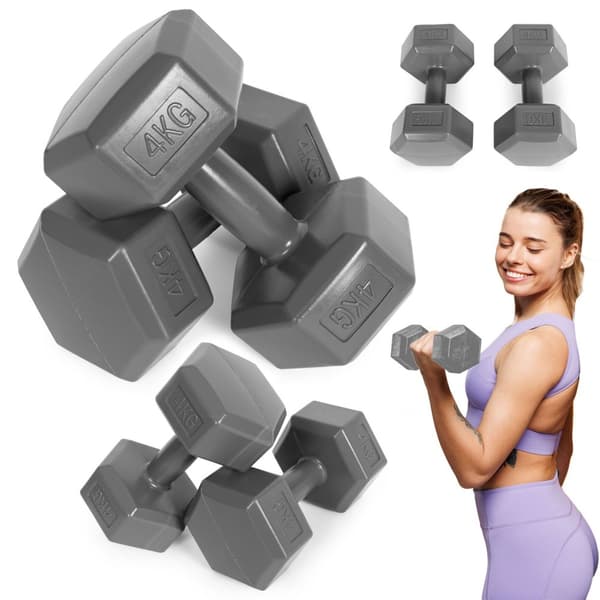 Hex manualer sett 2x4 kg, treningsvekter, fitness belastning, grå, ModernHome