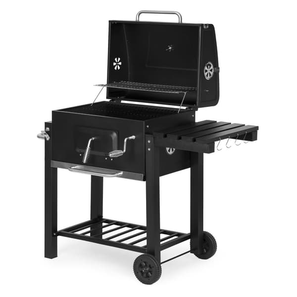 Stor kul havegrill med låg, termometer, hylder, hjul, gratis blæser