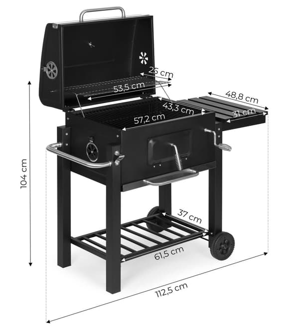 Stor kul havegrill med låg, termometer, hylder, hjul, gratis blæser