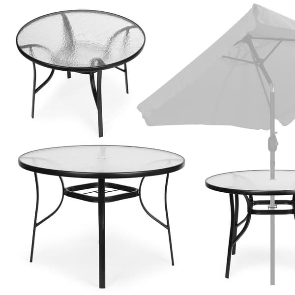 Rundt hagebord 80 cm, for terrasse, hage, balkong, herdet glass, paraplyhull, MultiGarden