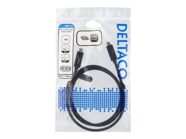 DELTACO - USB-kabel - 24 pins USB-C (hann) til 24 pins USB-C (hann) - USB 3.1 Gen 2 - 1 m - svart