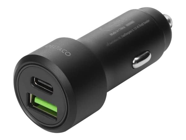 DELTACO USBC-CAR122 - Virtalähde autoon - 36 wattia - 3 A - PD - 2 lähtöliitintä (USB