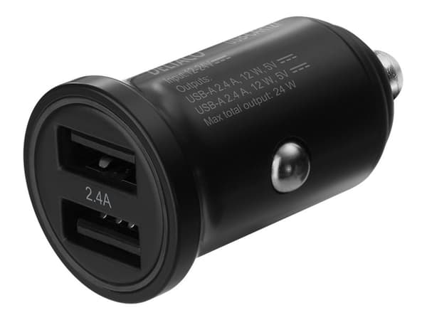 DELTACO USB-CAR127 - Strømadapter for bil - 24 Watt - 2,4 A - 2 utgangskontakter (USB) - svart