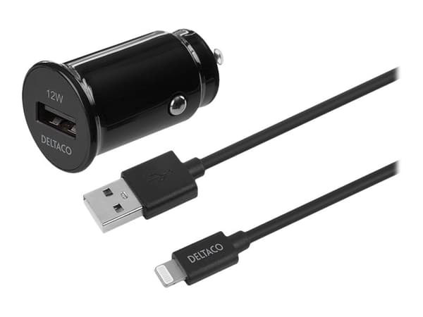 DELTACO USB-CAR130 - Strømadapter til bil - 12 Watt - 2,4 A (USB) - på kabel: Lightning - sort