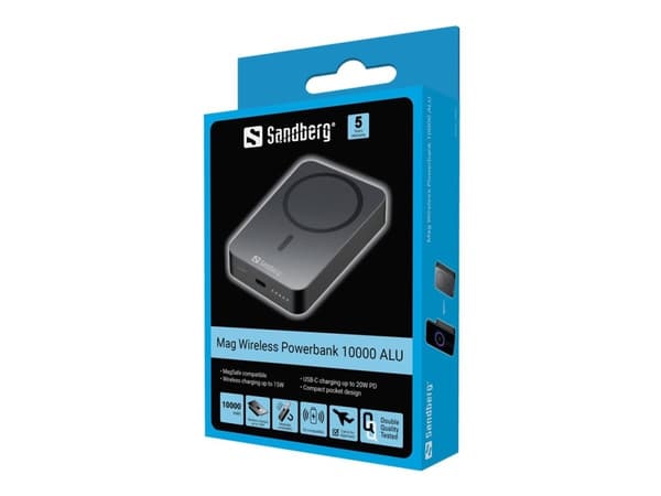 Sandberg 1000 ALU - Trådløs strømbank - Li - 10000 mAh - 38,5 Wh - 20 Watt - 3 A (24 pins USB-C)