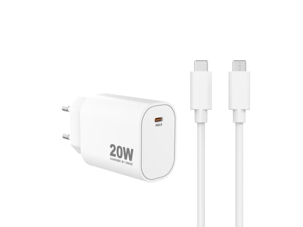 Sinox PRO 230V USB-C PD oplader 20W med/USB-C kabel. Hvid