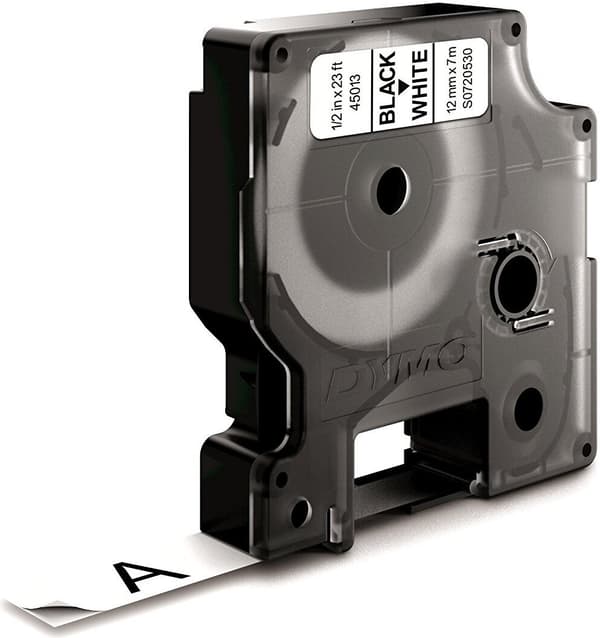 Dymo D1 - tejp 12 mm x 7 m, svart på vit bakgrund