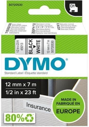 Dymo D1 - tejp 12 mm x 7 m, svart på vit bakgrund