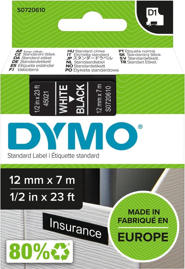 Dymo D1 - tejp 12 mm x 7 m, vit på svart bakgrund