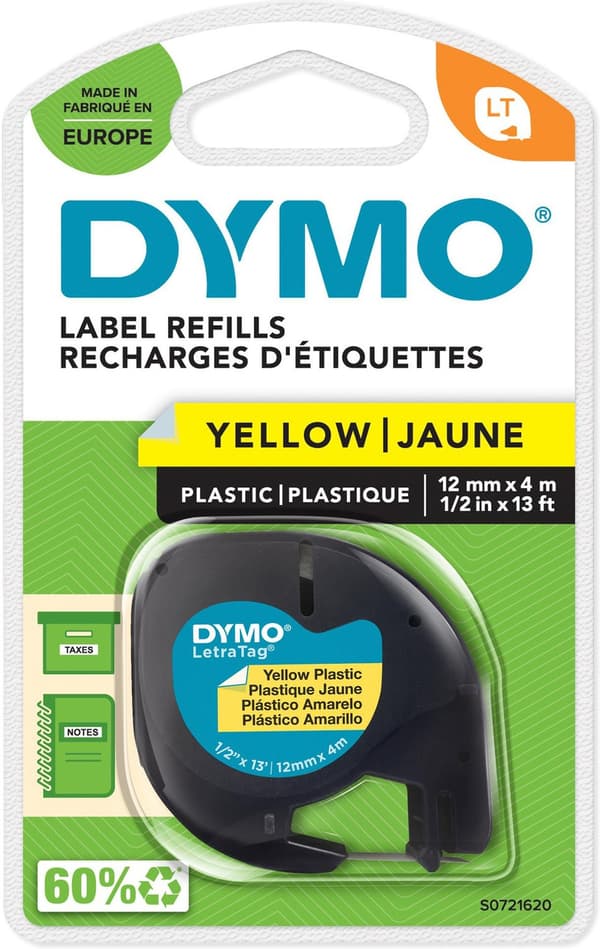 Dymo LetraTAG - plasttejp 12 mm x 4 m, svart med gul bas