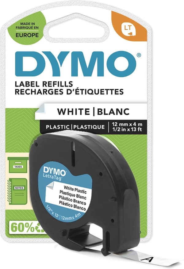 Dymo LetraTAG - plasttejp 12 mm x 4 m, svart på vit bakgrund
