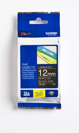 Brother TZe-335 - Kardborreband, 12 mm x 8 m, vit på svart bakgrund
