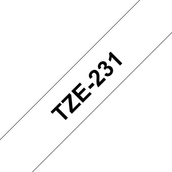 Brother TZe-231 - Kardborreband, 12 mm x 8 m, svart på vit bakgrund