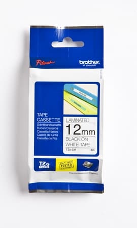 Brother TZe-231 - Kardborreband, 12 mm x 8 m, svart på vit bakgrund