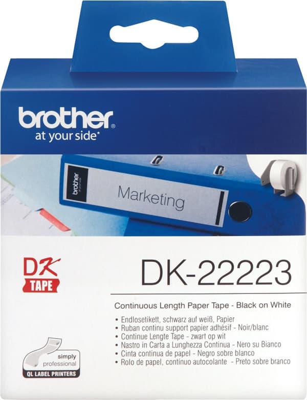 Brother DK-22223 - Kardborreband, papper, 50 mm x 30,48 m, svart på vit bakgrund