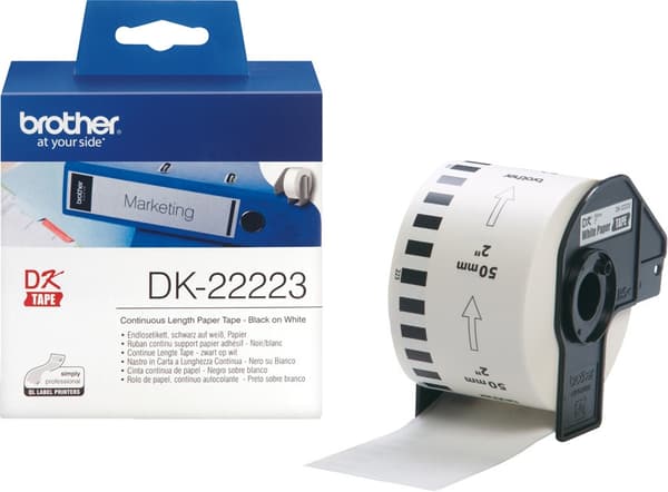 Brother DK-22223 - Kardborreband, papper, 50 mm x 30,48 m, svart på vit bakgrund