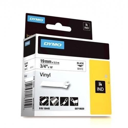 Dymo Rhino Industrial - vinyltejp 19 mm x 5,5 m, svart på vit bakgrund